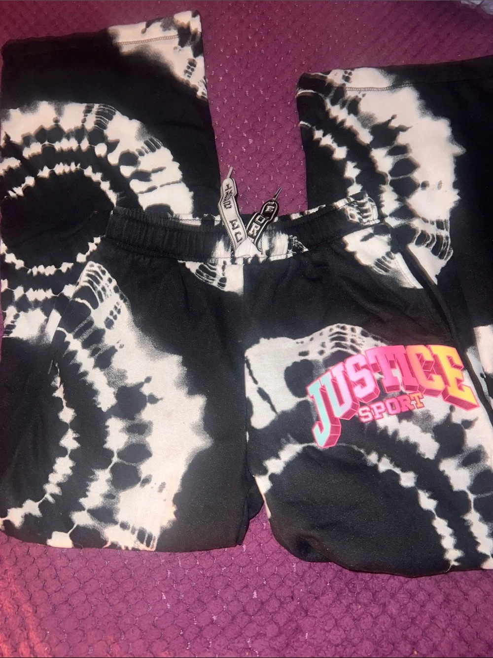 Justice Black & White Tie-Dye Joggers with Neon Logo size M 10